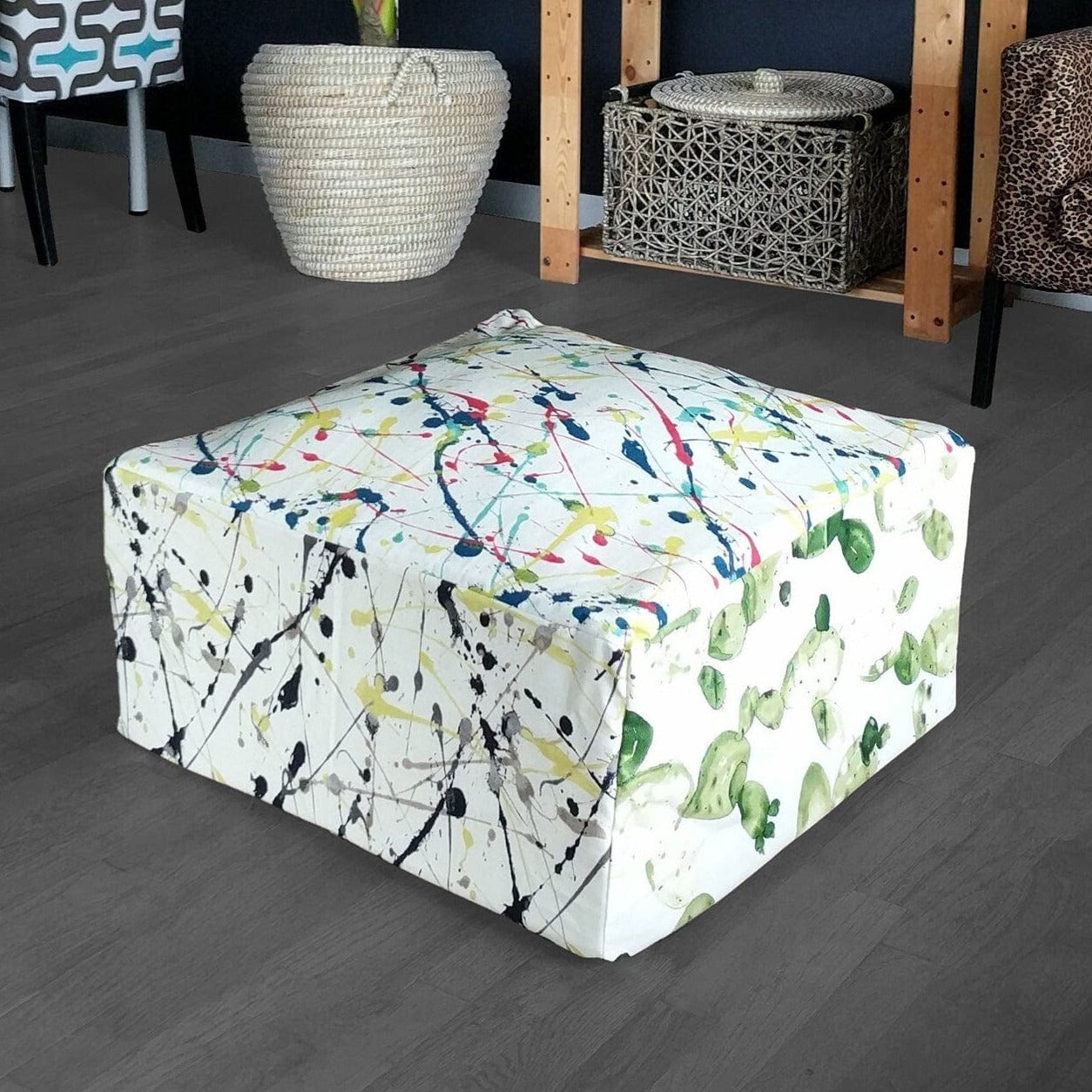 Rockin Cushions SALE Colorful Paint Splatter Cactus Ottoman, Floor Pouf Cover